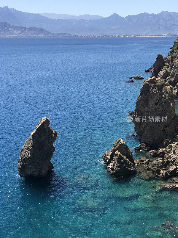 Kumluca Fener Halk Plajı, Muratpasa, Antalya, Turkey. Sea landscape with rocks at the day. Sunny, good weather. Mountain and Turkish city photography, traveling photo for tourism. Beach and water.